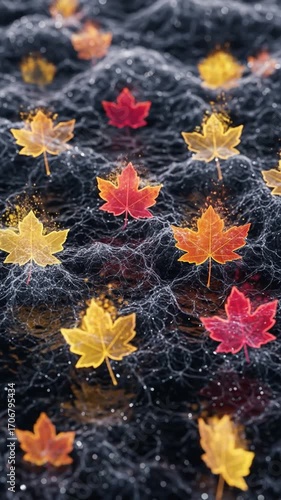 Abstract Digital Rendered Autumn Leaves with Orange Yellow and Red Hues Floating Over Dark Textured Terrain Generative Art Motion Background