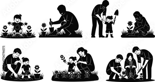 Family gardening with kids vector set, planting flowers, outdoor activity, parent-child bonding, spring garden illustration, eco-friendly lifestyle