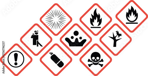 Vector set of hazard and warning icons including fire, toxicity, environment, gas cylinder, and explosion symbols for safety signage and chemical label design.