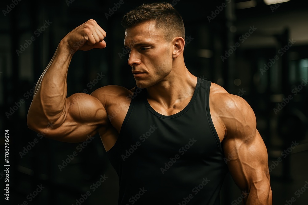 Fototapeta premium Powerful athlete flexing defined arm muscles showcasing peak physical fitness and strength training achievement in motivational sports photography
