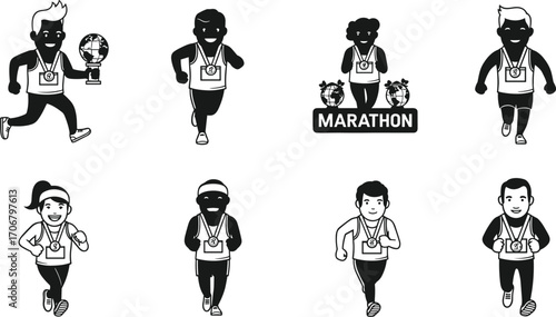 Marathon runners vector silhouettes, male and female marathon athletes, running competition icons, sports race participants, marathon medals and trophies