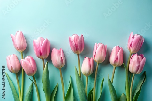 A Delicate Row of Pink Tulips on a Pastel Background, Representing Springtime Beauty and Freshness