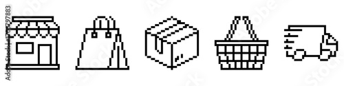 Pixel set shopping icon vector. Ideal for e-commerce, retail, and mobile app themes. A unique collection of modern, pixelated symbols representing various online shopping functions.	