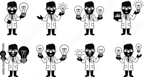 Scientist holding light bulbs, innovation and ideas, inventor with glowing bulb, creativity, technology, invention, genius, black silhouette vector