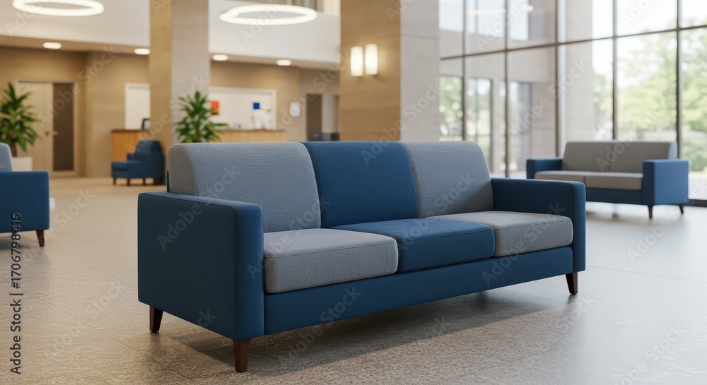 Fototapeta premium A modern three-section sofa, featuring a calming blue and gray color palette, sits in a spacious, well-lit waiting area.