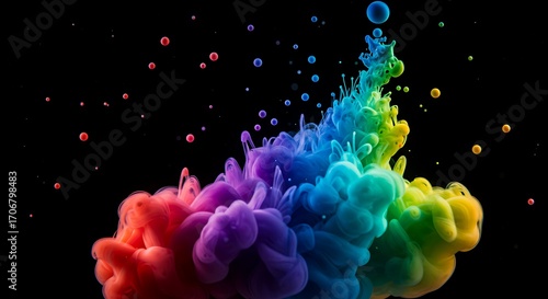 Stunning colorful ink explosion creating vibrant rainbow effect against black backdrop