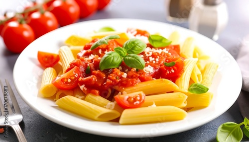 A plate of pasta with tomato sauce, basil, and Parmesan cheese, served with fresh tomatoes