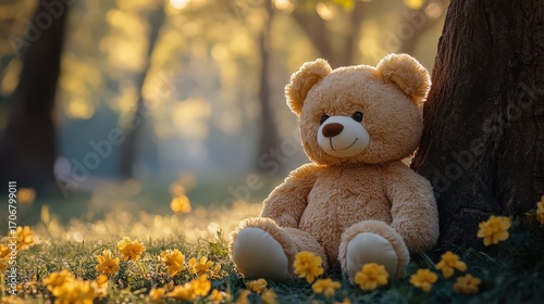 Adorable teddy bear sitting under a tree on a sunny