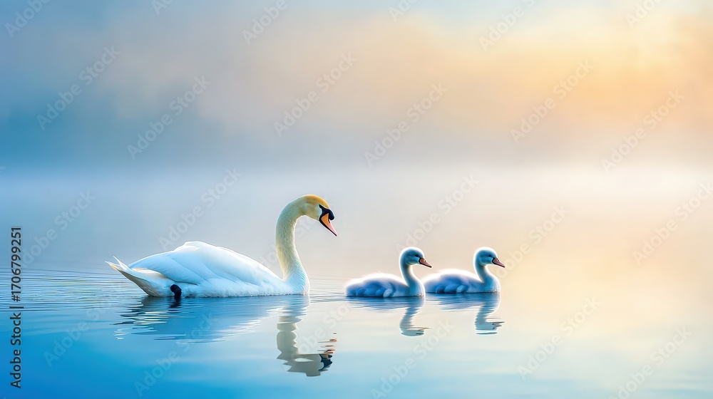 Fototapeta premium Beautiful swan family floating on calm water misty mo