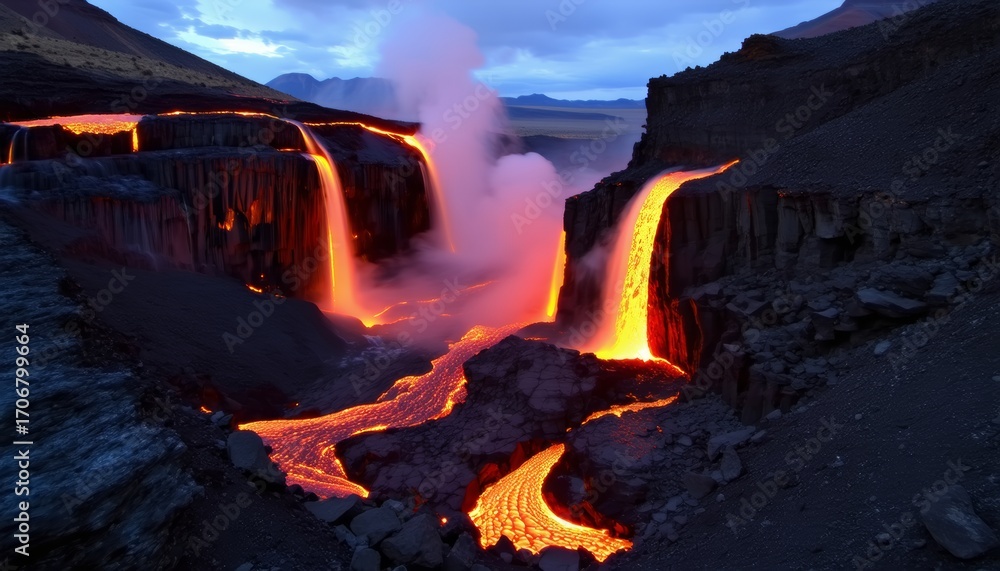 Fototapeta premium Basalt Canyon With Fresh Lava Falls Glowing Channels