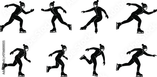 Winter ice skating vector set, female skater in motion, cold season sport activity, speed skating illustration, athlete silhouette design