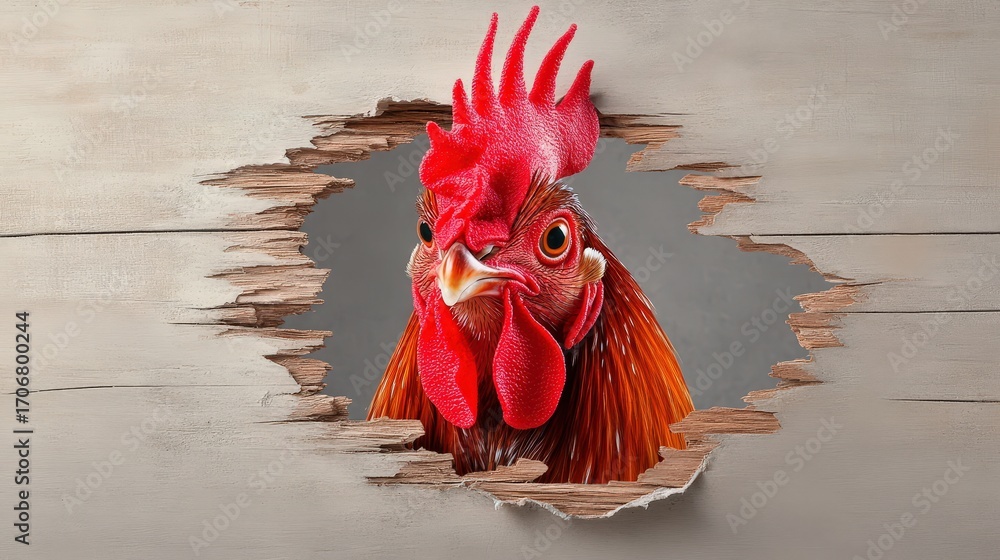 Fototapeta Curious rooster peeking through a torn wooden hole br
