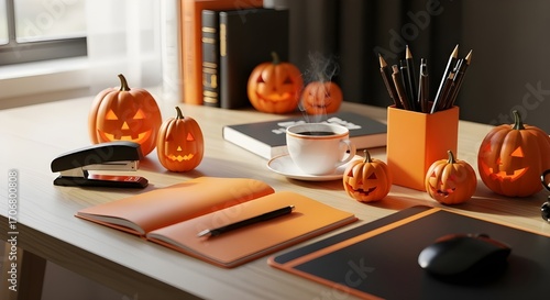 Modern Desk Halloween Decor with Coffee