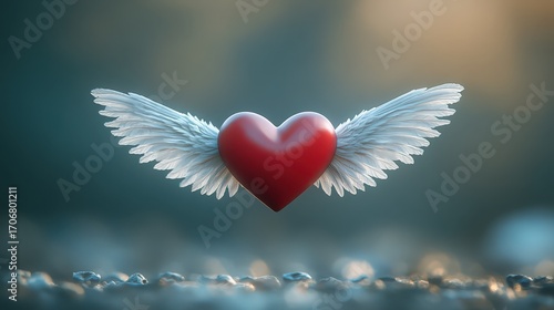 Floating red heart with white wings on both sides sof