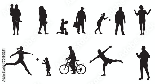 A dynamic silhouette vector illustration collection featuring diverse people in motion, capturing moments of family life, work, and leisure activities.