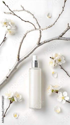 Setting Spray Minimal Beauty Display. Setting spray on white background with thin branch—fresh, natural beauty.