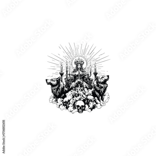 Dark and powerful monochrome illustration featuring a mystical queen or goddess seated on a throne of skulls and clouds