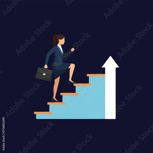 Businesswoman ascending stairs, symbolizing career advancement and success.
