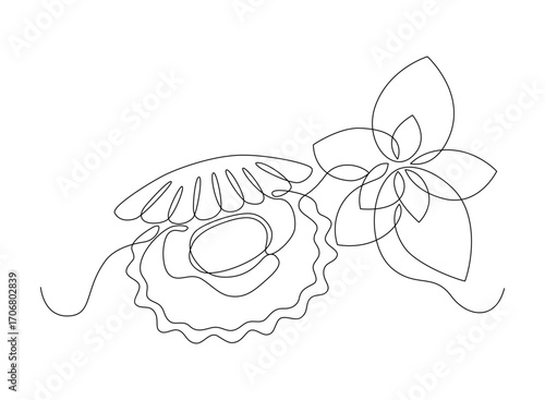 Scallop in a shell with mint leaves, drawn with continuous line in minimalism, abstract, seafood, one line, editable vector contour