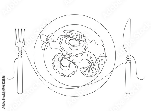 Dish with scallops in shell with slice of lemon and mint leaves, drawn with continuous line in minimalism, abstract, seafood, delicacy, plate, fork, knife, one line, editable vector contour