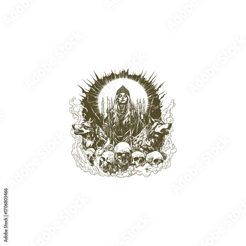 Dark and powerful monochrome illustration featuring a mystical queen or goddess seated on a throne of skulls and clouds