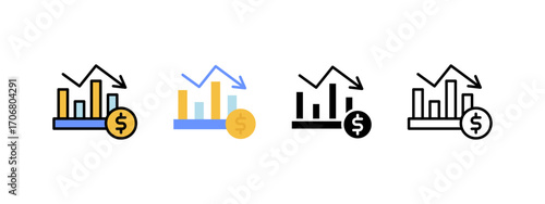 Financial chart icons with dollar symbols, suitable for presentations, reports, and finance or economics concepts.