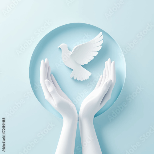 Elegant paper-cut art of white hands releasing a dove over a blue globe, representing global harmony and hope for the International Day of Peace
