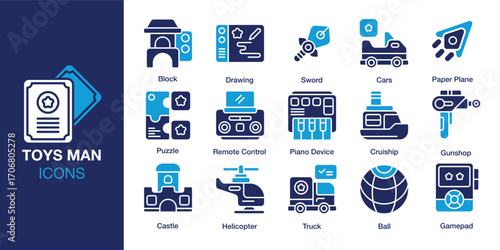 Toys Man icon set. Containing fun, game, toddler, preschool, leisure, and more. Solid vector icons collection. Vector illustration.