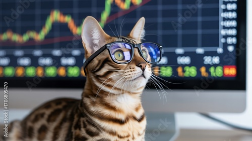 Clever cat wearing glasses analyzes stock market charts on computer screen
