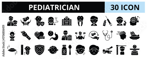 30 Pediatrician Glyph Icons Vector - Pediatric Clinic, Child Psychology, Childcare Doctor, Stethoscope, Encephalogram, Immunity, Child Food