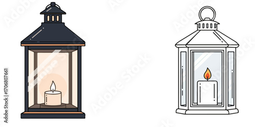 Illustration of two lanterns one colored and one in outline with a candle inside each lantern