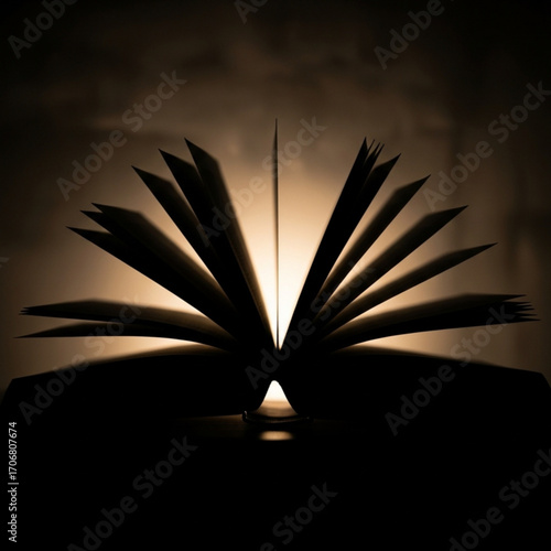 An open book with pages fanned out is illuminated from behind creating a dramatic silhouette effect created with generative ai