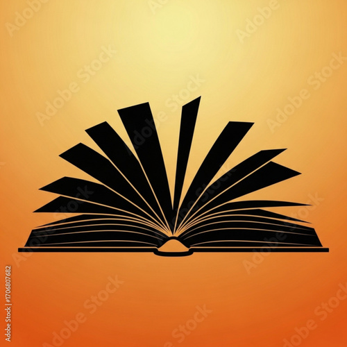 Illustration of an open book with pages fanned out against an orange gradient background design element created with generative ai