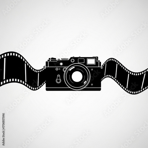 A vintage camera with a film strip flowing behind it in a monochrome black and white illustration style created with generative ai