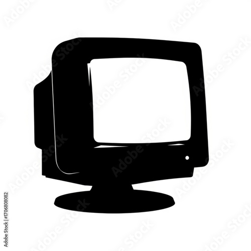 A black and white silhouette of an old computer monitor with a blank screen and a round base stand design created with generative ai
