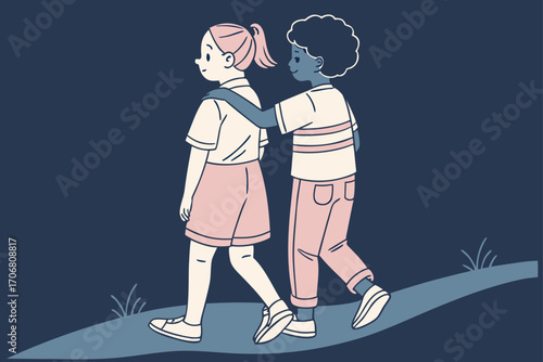 Two children walking together with arms around each other outdoors