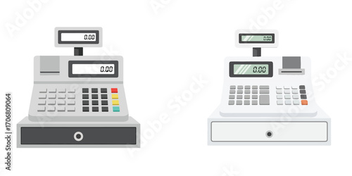 Two cash registers displayed side by side with digital displays showing a value of zero point zero zero