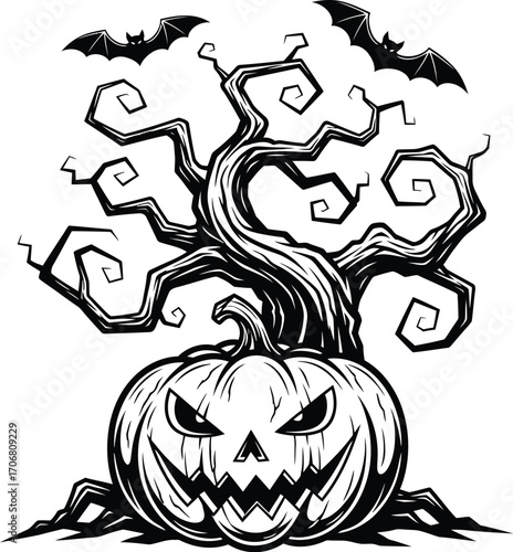 Spooky halloween pumpkin with gnarled tree and flying bats in a dark eerie hand drawn illustration style