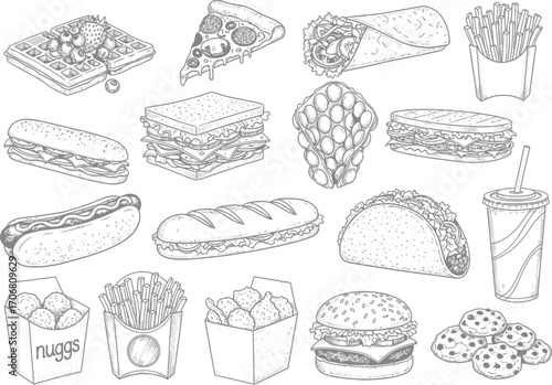 Collection of hand drawn sketch style fast food icons including burgers fries tacos and sandwiches