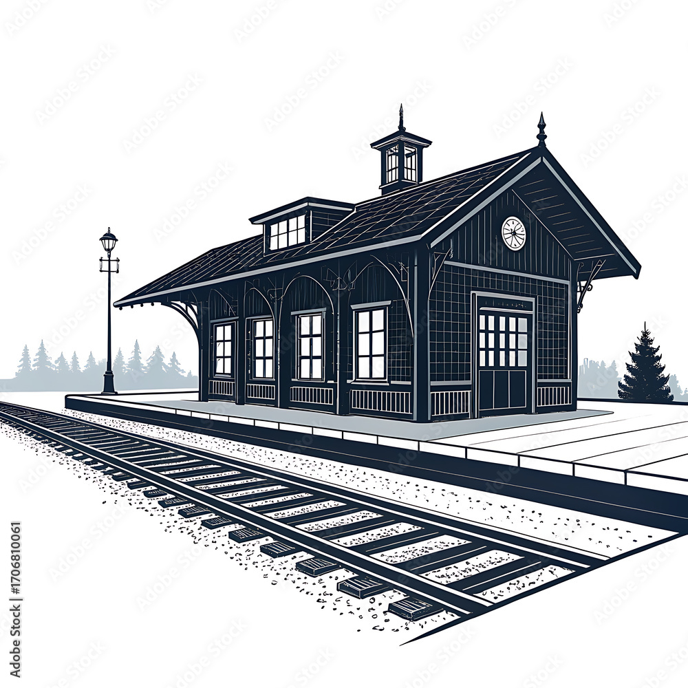 Fototapeta premium Vintage train station building with railroad tracks and snowy landscape