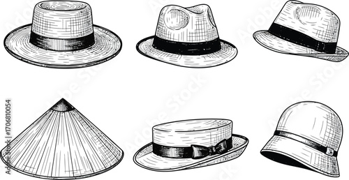 Collection of six vintage and classic hats hand drawn in a sketch style on a white background