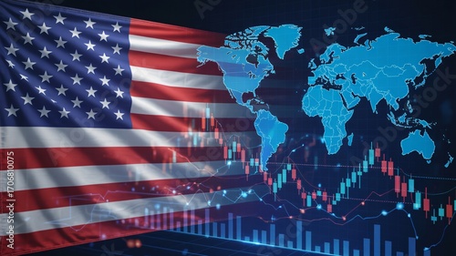 US flag overlays global finance charts and world map for economic insight