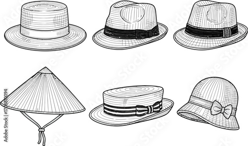 Collection of hand drawn vintage hats and headwear styles illustrated in black and white sketch