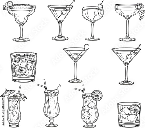 Collection of hand drawn cocktail glasses filled with ice and garnishes in a sketchy style