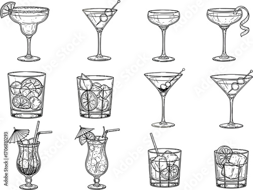 Collection of hand drawn sketch style cocktail glasses and drinks with garnishes and ice cubes
