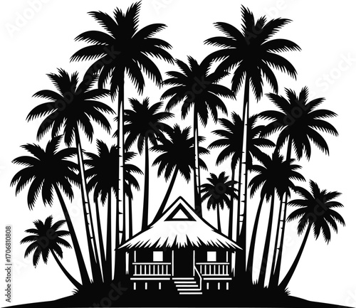 Tropical island paradise with a thatched roof hut nestled amongst a dense cluster of palm trees