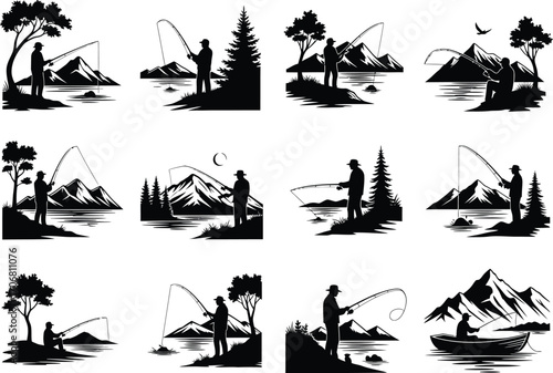 silhouette illustrations depicting anglers fishing in diverse natural landscapes under the sky