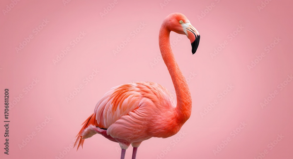 Fototapeta premium A vibrant pink flamingo stands out against a soft, pastel pink backdrop, showcasing its elegant form and striking color.