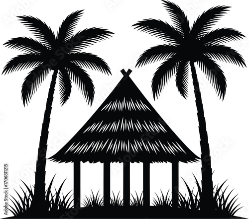 Tropical silhouette of a thatched hut between two palm trees with grass underneath