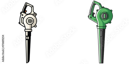 Two cartoon leaf blowers one white and black and the other green isolated on a white background
